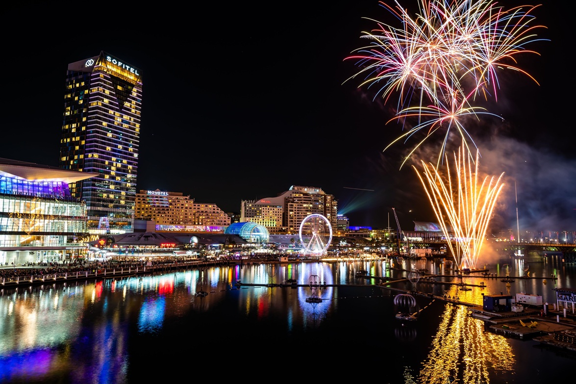 Fireworks display in Darling Harbour during Vivid Sydney .