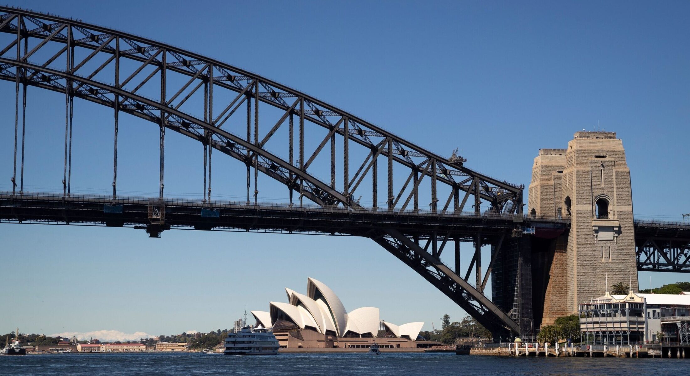Scenic views across Sydney Harbour of the Sydney Harbour Bridge and the Sydney Opera House.