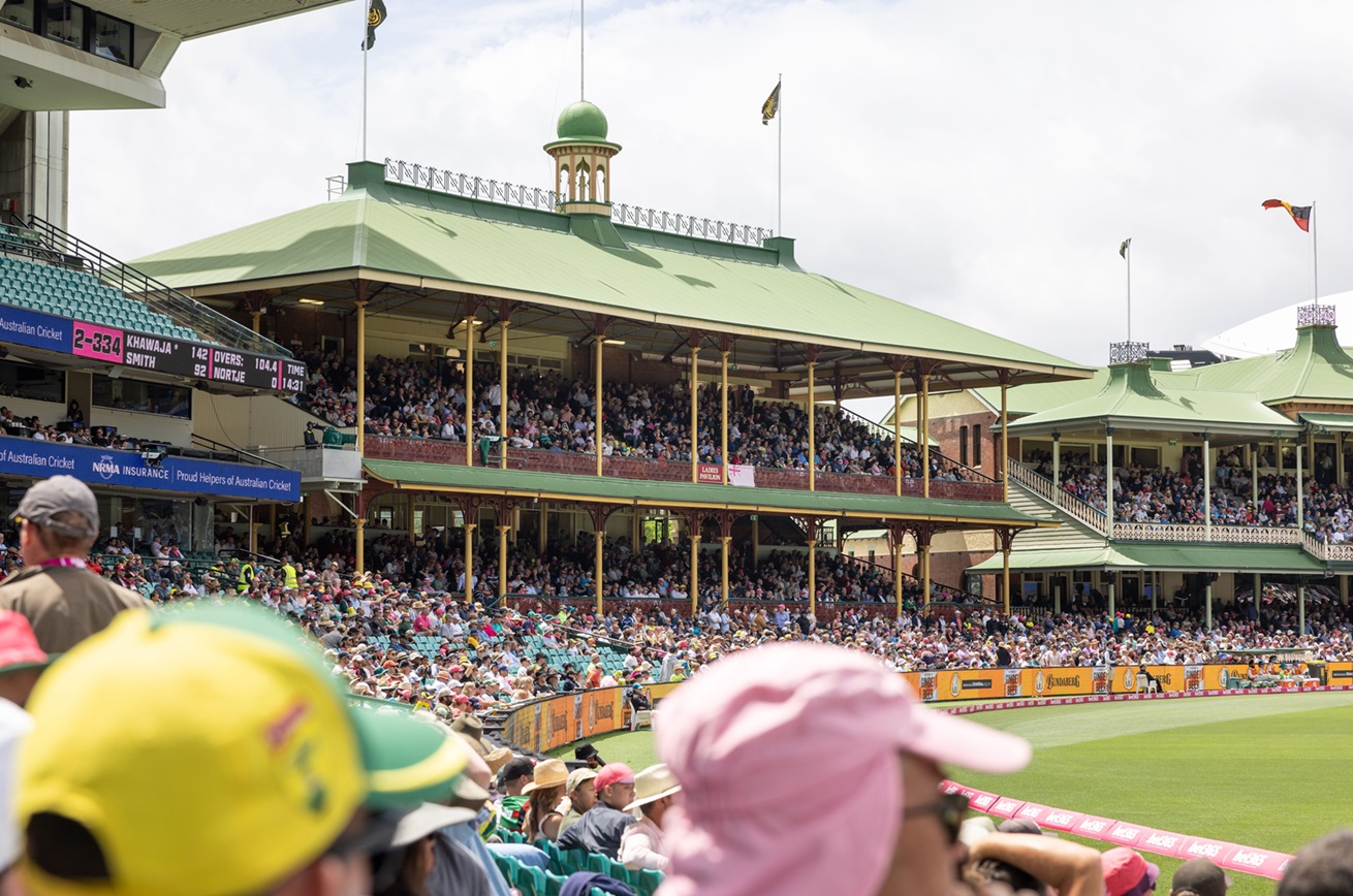 Crowds enjoying a cricket game at the Sydney Cricket Ground