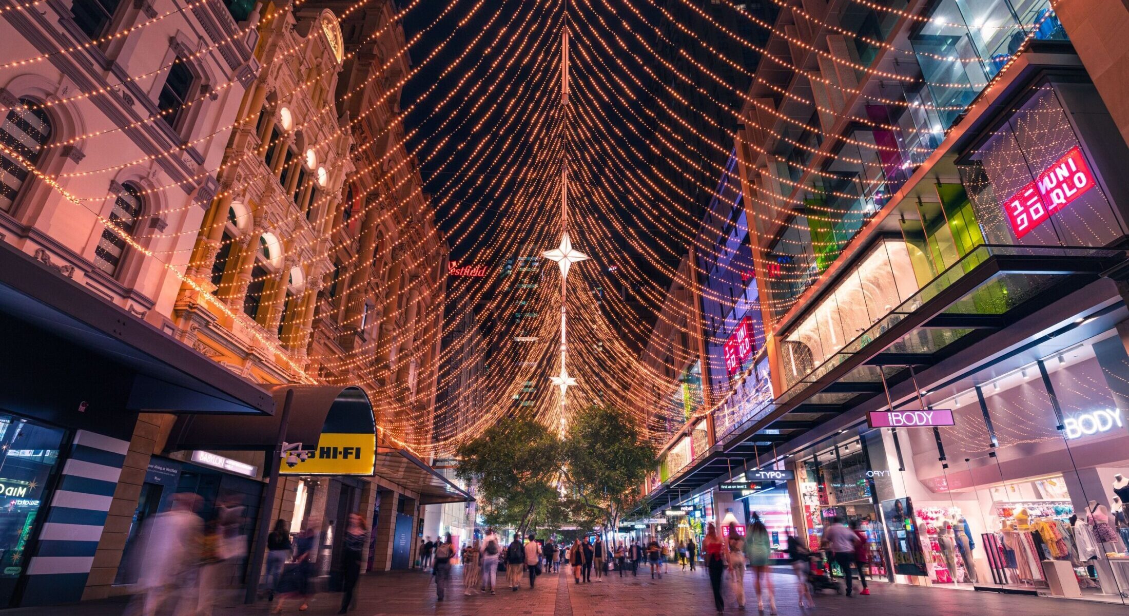 Christmas light installation brings sparkle to shoppers along Pitt Street Mall.
